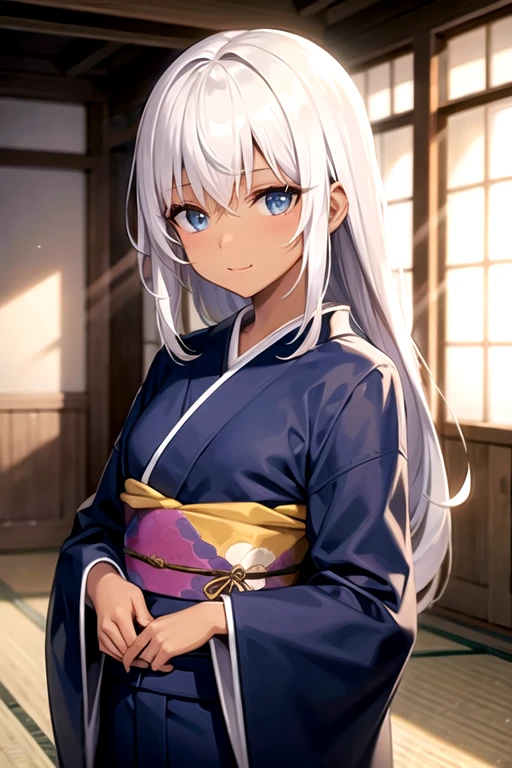 with white hair, dark skin (brown), blue eyes, wearing kimono.