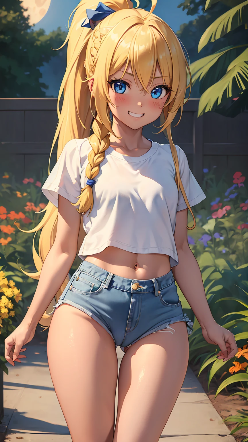 1girl, anime girl, anime, (tanned skin), 2d girl, 16y, (fullbody), standing, anime girl, blue eyes, seductive grin, (ahoge, long hair, braid single ponytail, blonde hair), ruffled t-shirt, Solo, Slim, flat chest, Tight Shorts, low waist shorts, upshorts, The dark night garden background, low light, moon, stars in the sky, looking at viewer, darker shadows, (((explicit))), (((shorts))), (((absurdres))), (((thigh gap))), cameltoe, (((cameltoe))), (((cleft of venus))), (((lowleg shorts))),