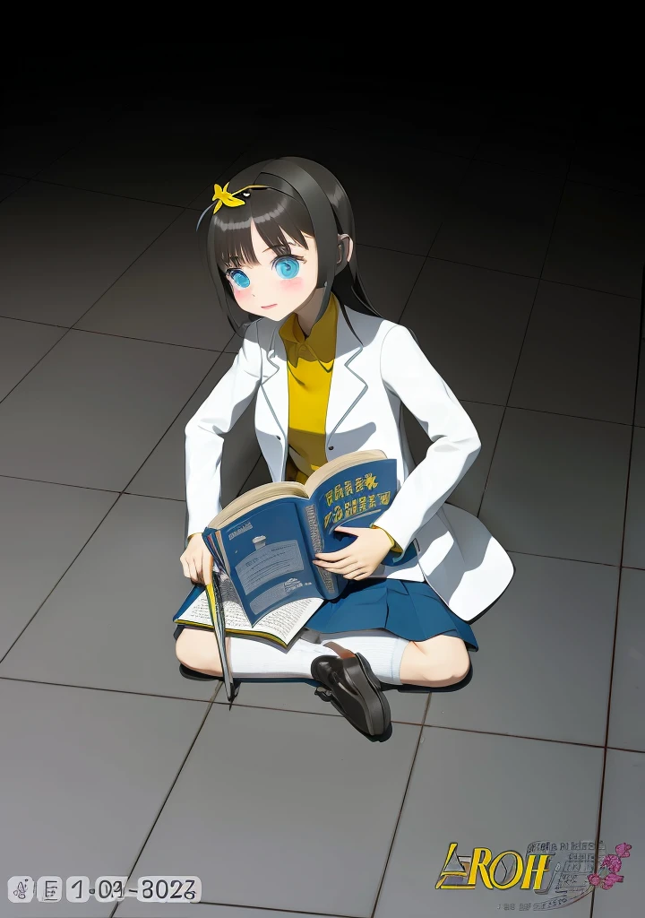 Girl, dark hair, blue eyes, flower hairpin, white lab coat, yellow shirt, blue skirt, black shoes, white socks, dark blue calculus book,writing,studying on the floor, half dark room