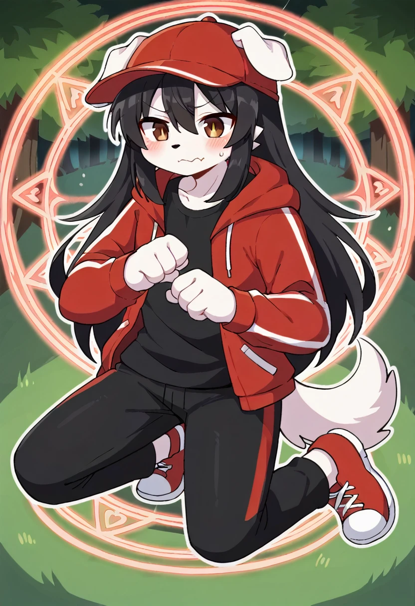 masterpiece, best quality, expressive eyes, perfect face, a man get transformed into a furry akita dog, furry akita, white fur, akita tail, dog ears, solo, surpriced, blushed, black hair, long hair, red baseball cap, black shirt, red hoodie, black sports pants, red sport shoes, brown eyes, full body, in a magic forest, glitter, embarrassed pose, magic circle on the floor.