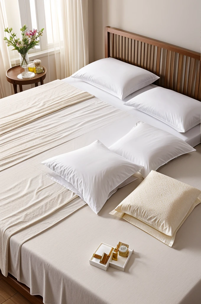 Image of sheets, bed cover, perfumes and other things for household use