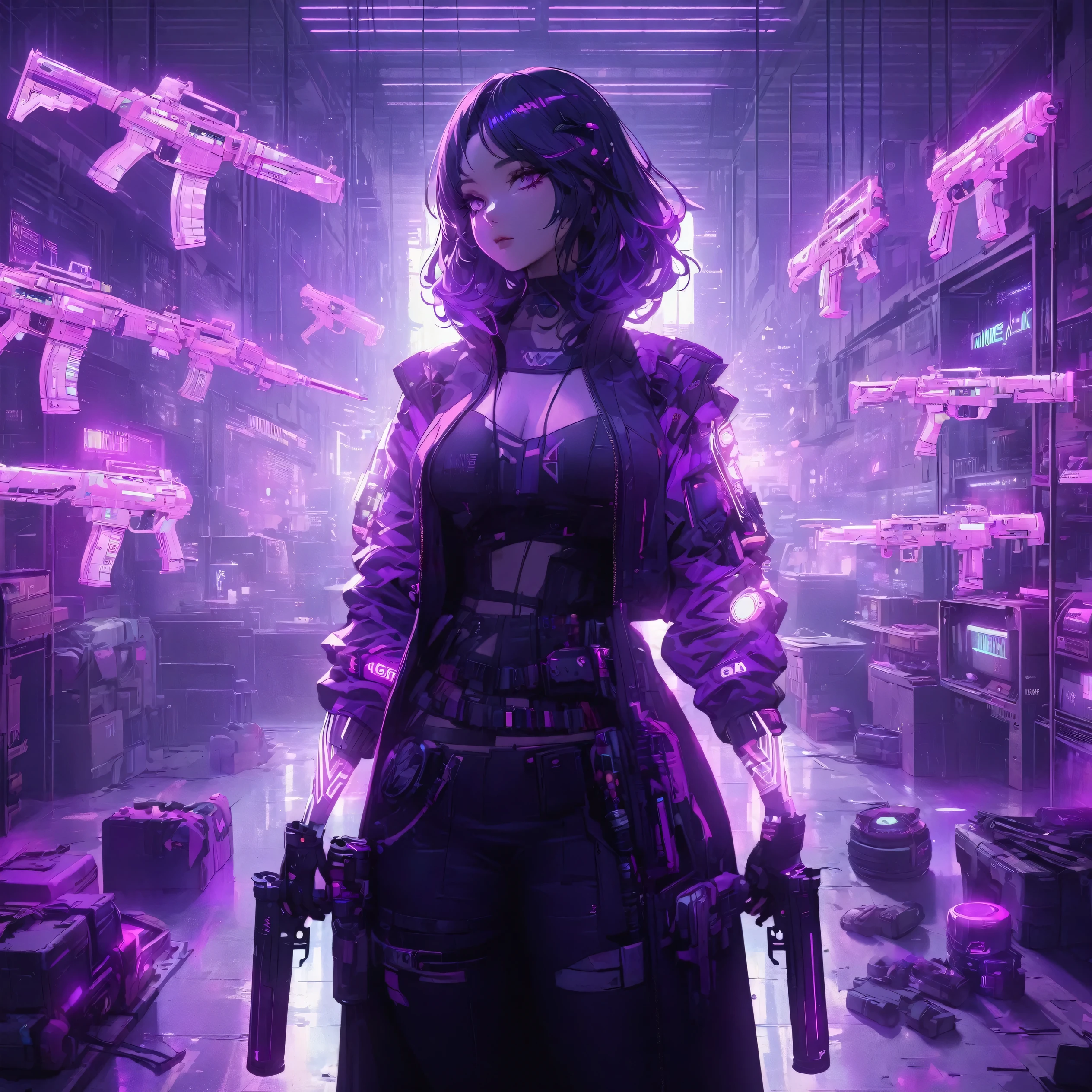 a woman standing in a warehouse with guns and a purple light, purple shadows hollow surrounding her , weapons that are made out of purple shadow swirling in the air, more weapons made out of black and purple shadows are floating around her, cyberpunk vibes, muted cyberpunk style, cyberpunk art style, hyper-realistic cyberpunk style, cyberpunk vibe, in cyberpunk style, cyberpunk with neon lighting, aesthetic cyberpunk, like a cyberpunk workshop, cyberpunk style, in cyberpunk aesthetic, in a cyberpunk setting, cyberpunk artstyle, cyberpunk look, (nude:0.8), advanced digital cyberpunk art, detailed gorgeous face| anime style| key visual| intricate detail| highly detailed| breathtaking| vibrant| panoramic| cinematic| Carne Griffiths| Conrad Roset| gibbli 8k