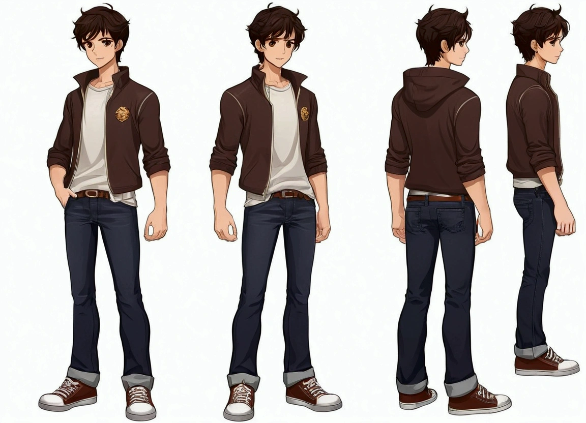 Student of average height 172 cm , with dark brown hair and brown eyes that sometimes glow with a slight glow when he uses his powers. Usually wears casual and comfortable clothing, like jeans and neutral colored t-shirts.