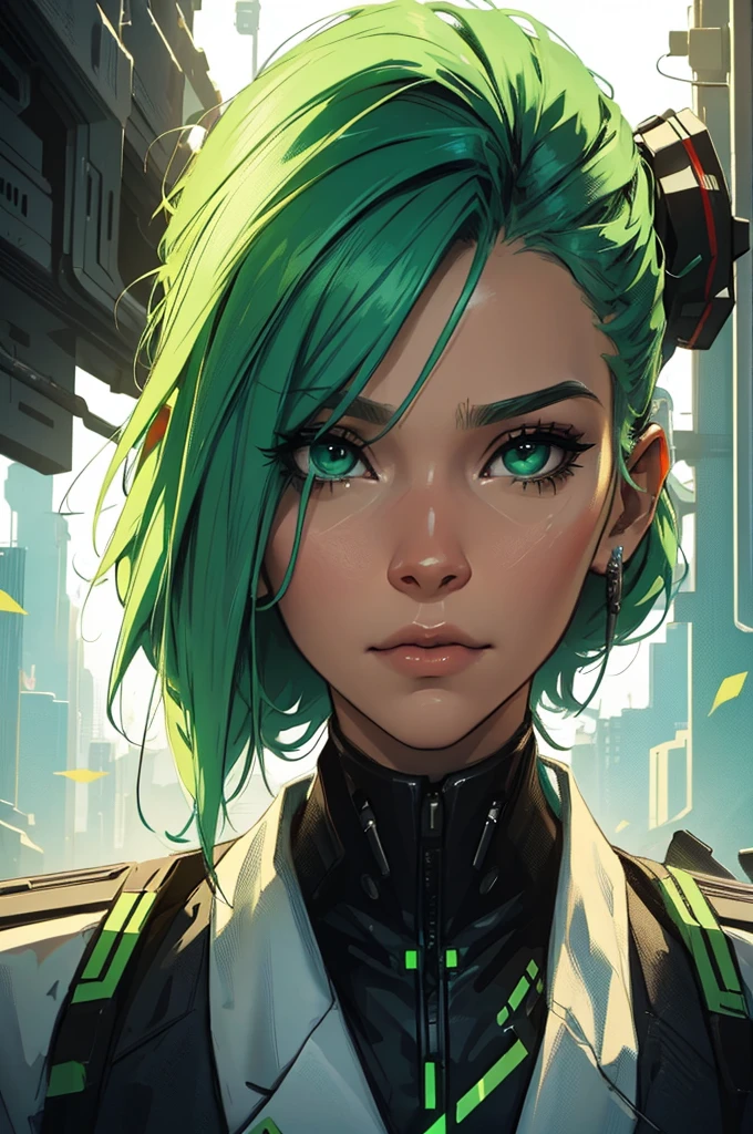 amazing green hair, female cyberpunk character scientist, portrait, face shot, close-up