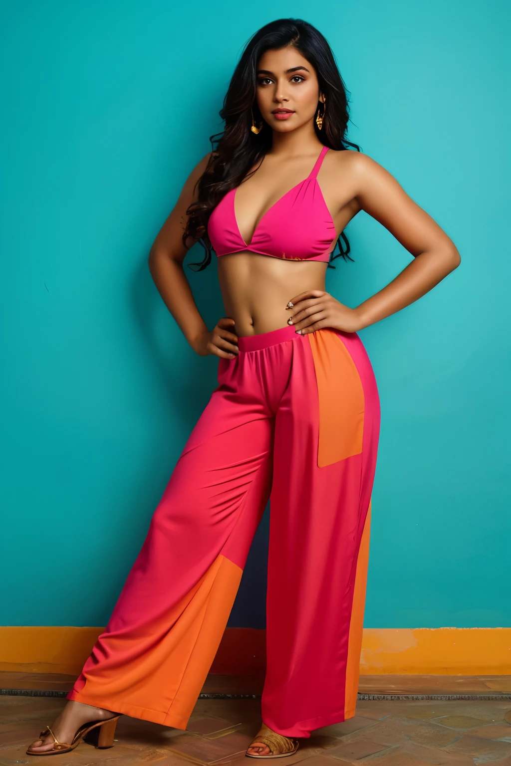 A portrait of a beautiful Indian model in colorfull cigarette pants and tantop, in a solid color background in aesthetic style, 
