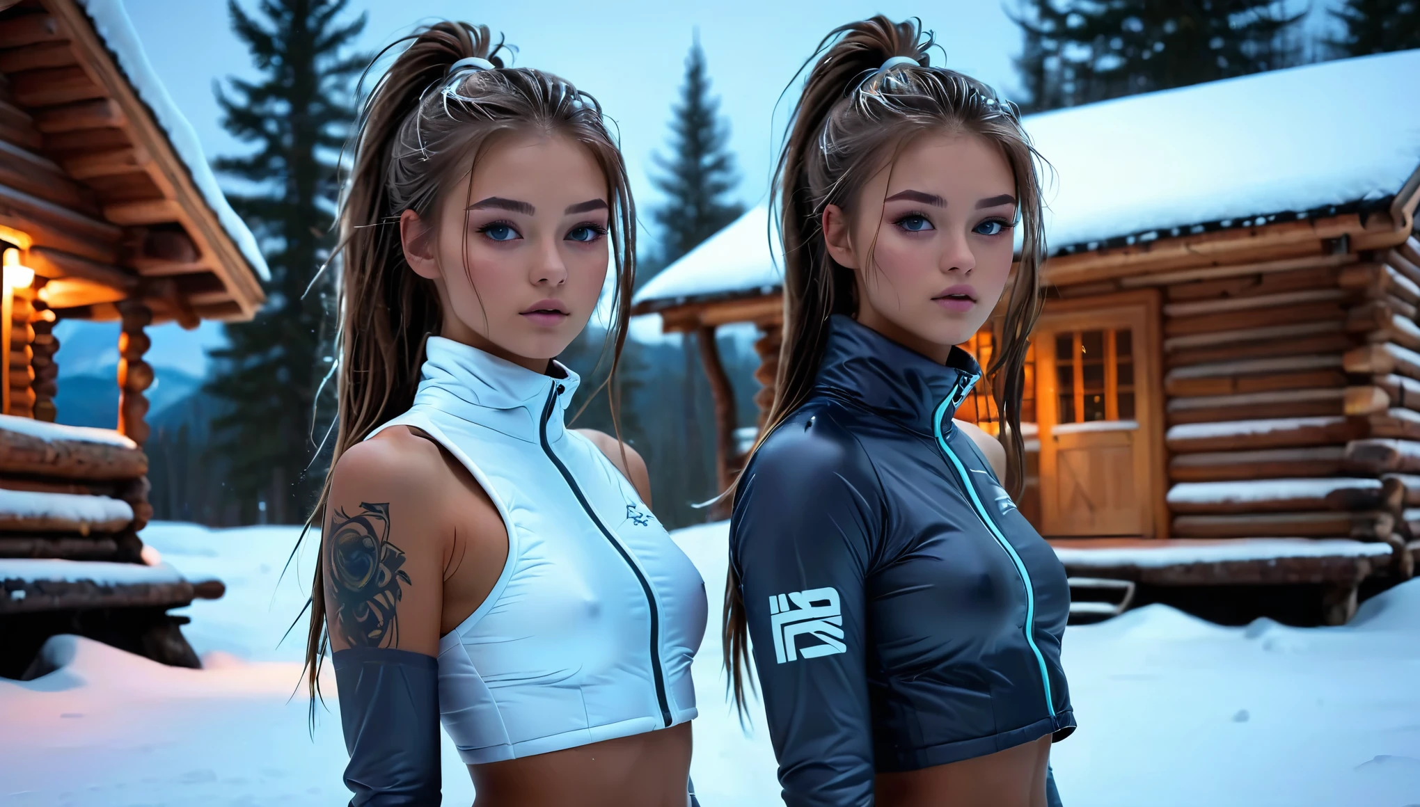 Top Quality, Masterpiece, High Resolution, 8k, ((ager, barely legal, 16 Y((girl in an open and revealing shiny puffer with plunging neckline, wide neckline, deep neckline, wetlook leggings)), (bare belly, small perky breasts, detailed face, detailed eyes, detailed thin eyebrow, detailed lips, small hips, no makeup, beauty spot, some tattoos), (long, natural hair, long slick ponytail hair), (in the snow, in front of a log cabin, at night, dim lighting, look behind, tattoo, neon colors), full body view, cyberpunk atmosphere
