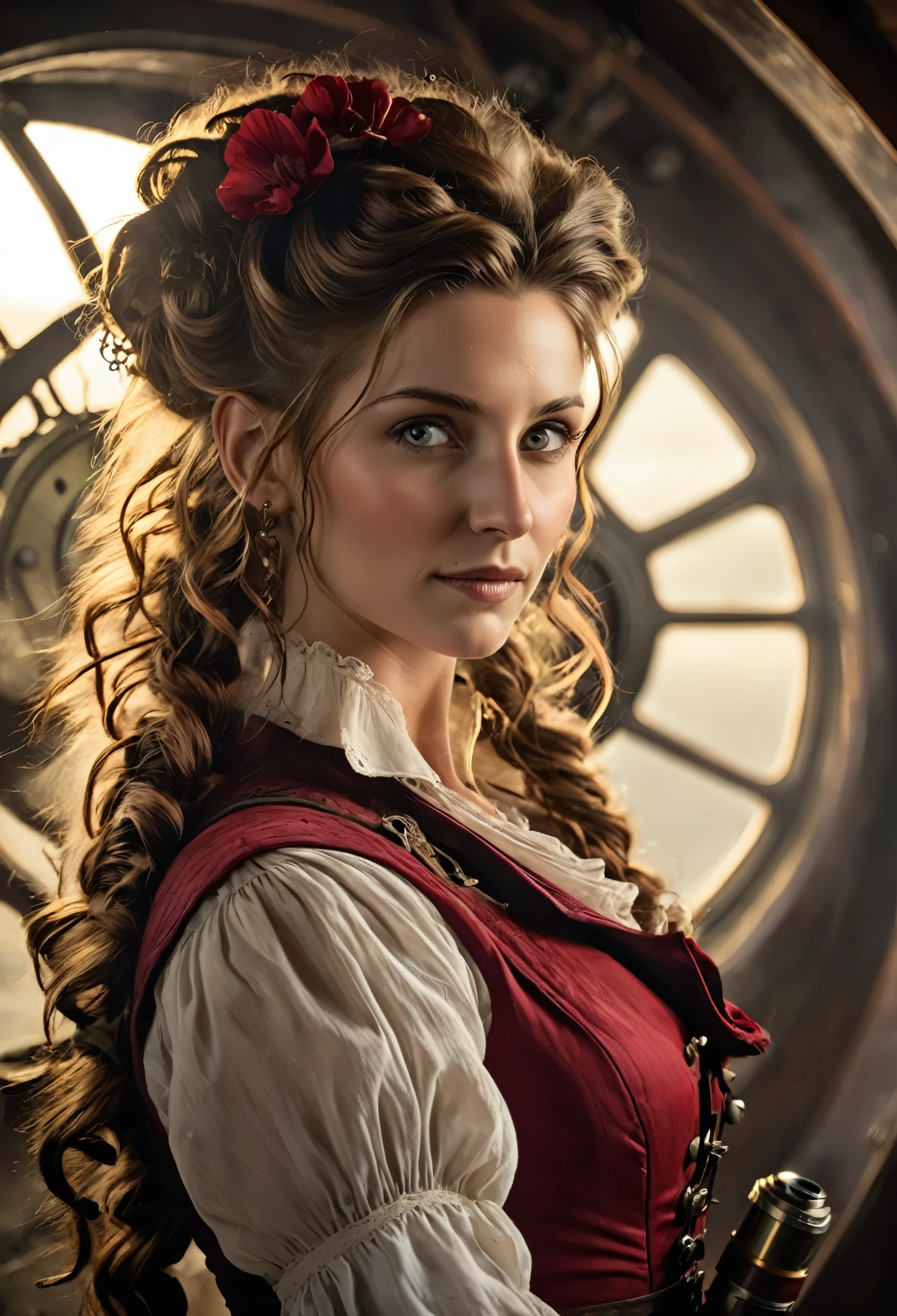 (editorial photography of Aerith Gainsborough), (highly detailed face:1.4), no close-up, (smile:0.4), (background inside dark, moody, private:1.3), steampunk pirate's airship, nikon d850, stock photography, kodak portra 400 film ,camera f1.6 lens, bokeh, analog style, rich colors, hyper realistic, lifelike texture, dramatic lighting, cinestill 800, messy hair, serious, (freckles:0.4), pale skin, cute sexy