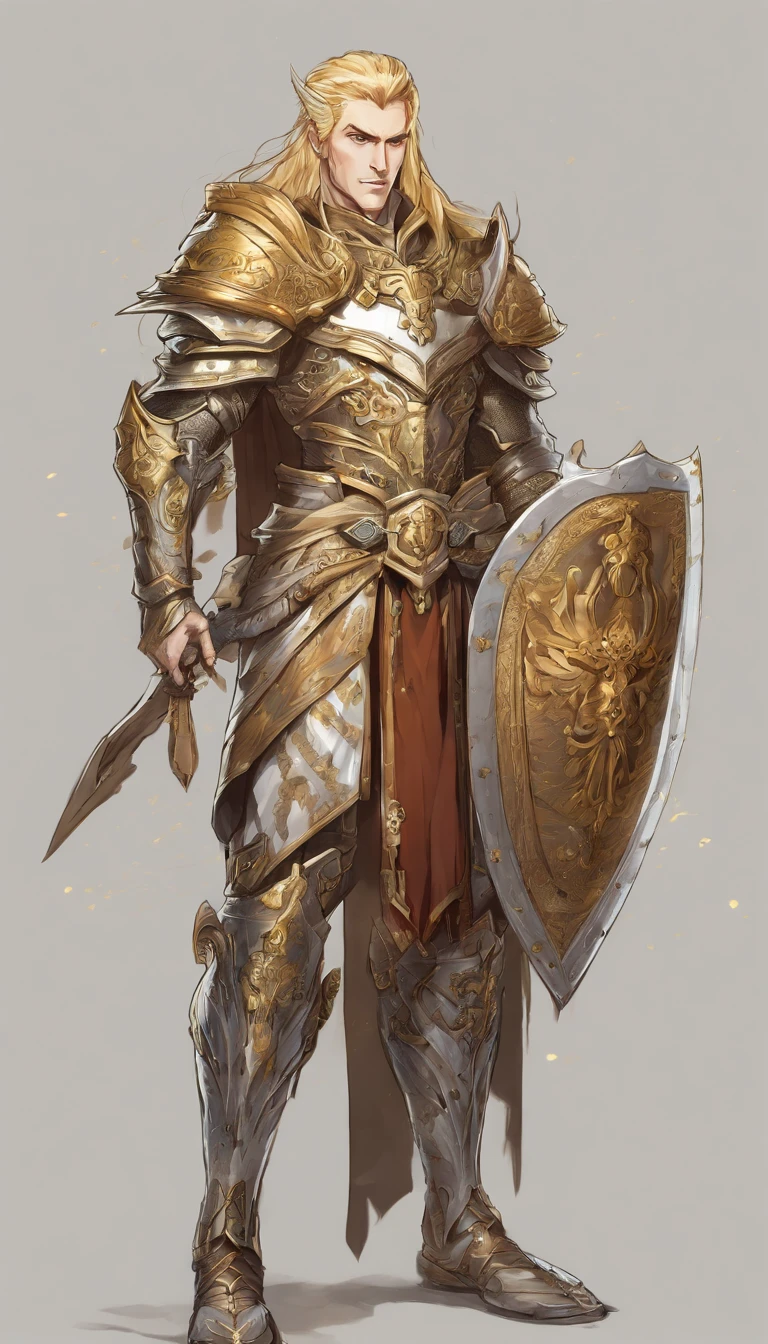 Athletic concept character art on white background. dnd. A strong and powerful High Elf Prince. A powerful warrior. The character has perfect proportions, tall, slender, and muscular. The character is wearing an ornate silver full body armor with a lot of intricate details and gold metal decoration. The character is wearing a white cloak. The character wears an olive crown and has golden hair. The background is blank --ar 9:13--v 6.0 .