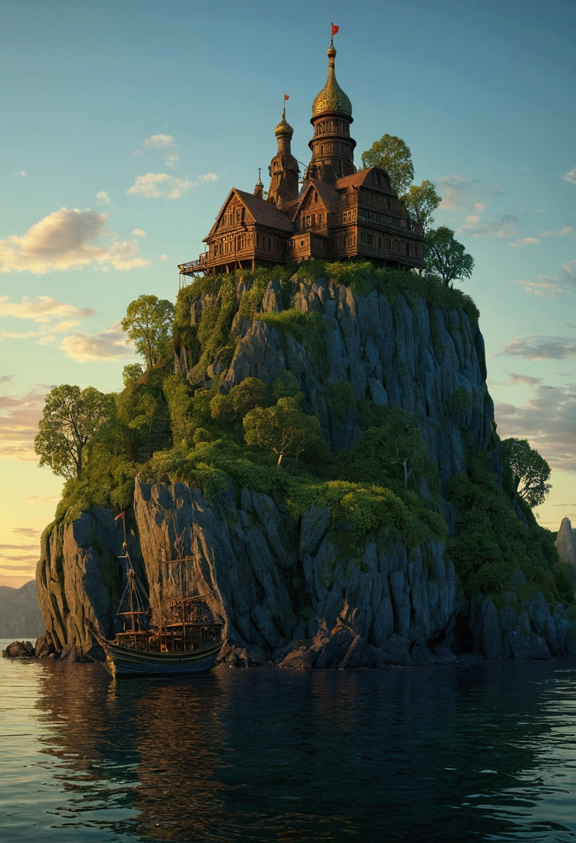 Mysterious Island, Mysterious atmosphere, exaggerate lighting, by Ivan Bilibin, no_human, cinematic still, (best quality, masterpiece), very aesthetic, perfect composition, intricate details, ultra-detailed, vivid colors