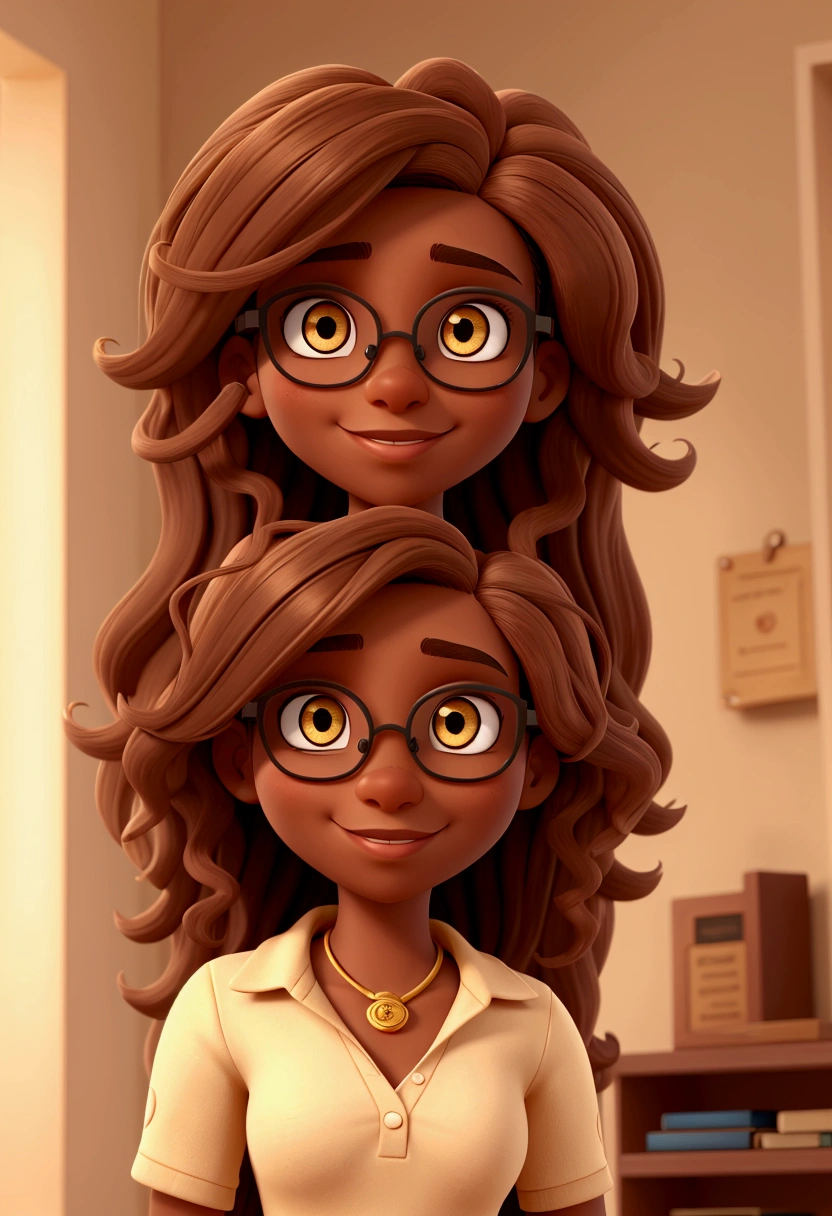  a one woman, brown skin, eyes browns, with gold-colored prescription glasses, very long brown curly hair