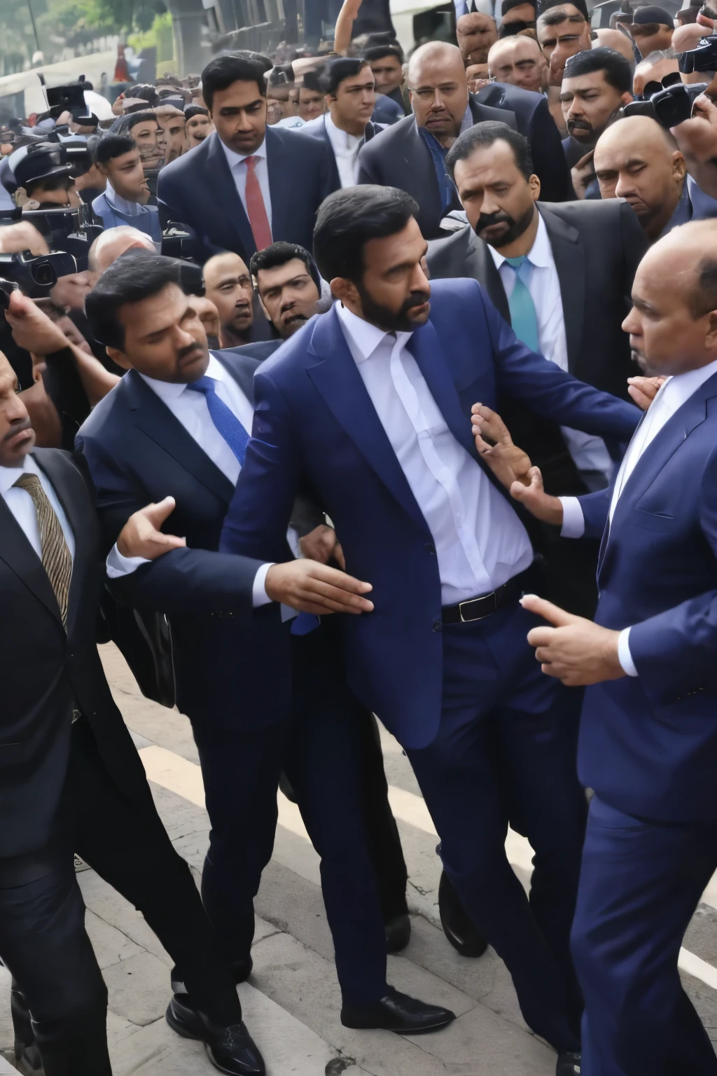 best quality, masterpiece, detailed, 4k, detailed background, bad minister Infront of people, wearing court suit, feared, struggle to escape, with carrying his wealth, lot of people chasing him, blocks people, some crossing force fearlessly

