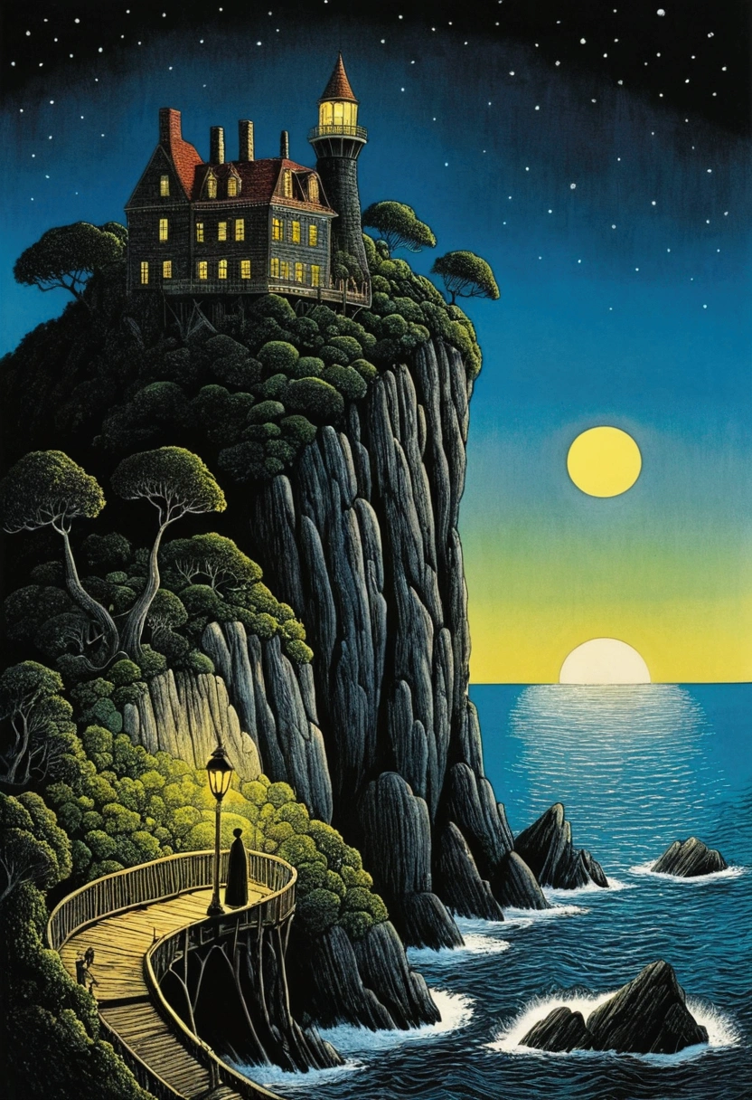 Mysterious Island, Mysterious atmosphere, exaggerate lighting, by Edward Gorey, no_human, cinematic still, (best quality, masterpiece), very aesthetic, perfect composition, intricate details, ultra-detailed, vivid colors