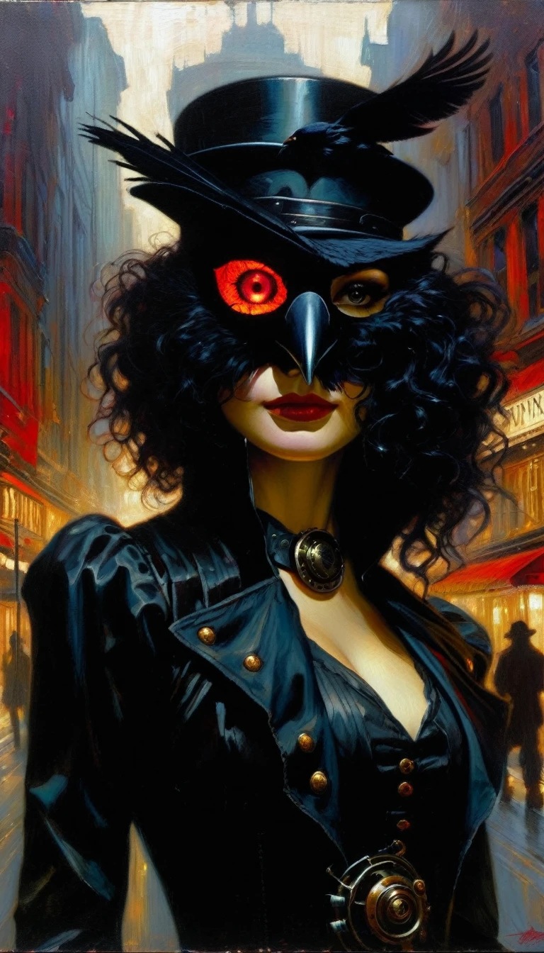1girl, solo, steampunk outfit, black steampunk clothing, half-revealed crow mask, girl looking at viewer, right hand on crow mask, sinister smile, glowing red eyes, black hair, curly hair, steampunk city background (art inspired by Bill Sienkiewicz). oil painting)
