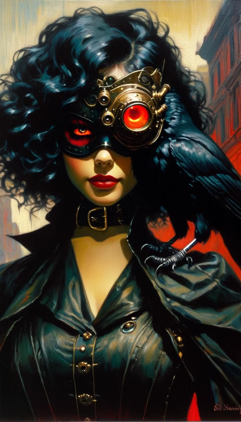 1girl, solo, steampunk outfit, black steampunk clothing, half-revealed crow mask, girl looking at viewer, right hand on crow mask, sinister smile, glowing red eyes, black hair, curly hair, steampunk city background (art inspired by Bill Sienkiewicz). oil painting)