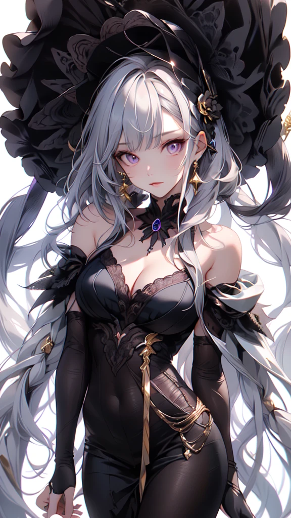 (masterpiece:1.2), highest quality, 1 female, alone, long long gray hair, very long hair, bangs, (white background:1.4), dark purple eyes, white bonnet with dark red rose decoration, white victorian dress with gold trim