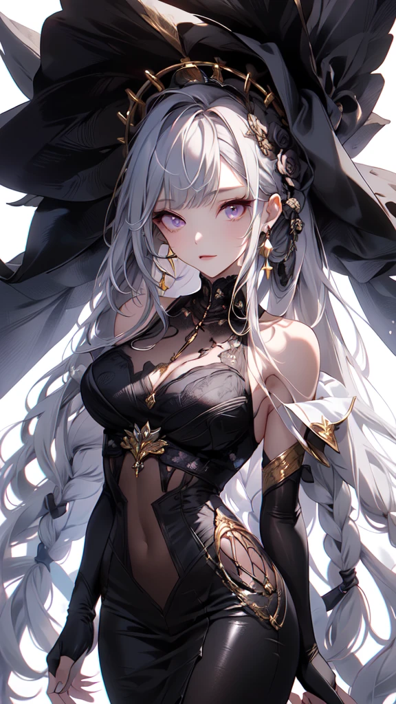 (masterpiece:1.2), highest quality, 1 female, alone, long long gray hair, very long hair, bangs, (white background:1.4), dark purple eyes, white bonnet with dark red rose decoration, white victorian dress with gold trim