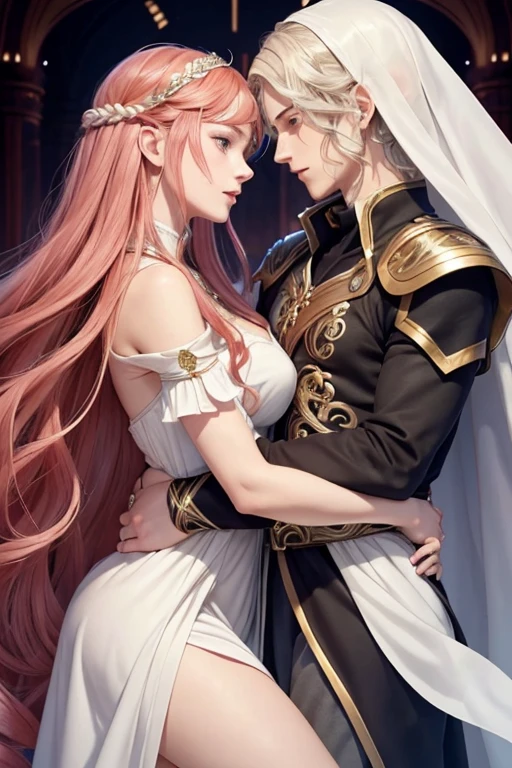 Je veux que tu me fasses une couverture pour un roman Fantasy romance, ces deux personnages sont noirs de peau, white skin, ils sont des ennemis, ils veulent s'entretuer, surtout lui, elle, she mainly defends herself but her goal is to save him at all costs too. Le garçon est white skin, with curly knee-length hair, the girl has long knee length curly hair. They are very beautiful. Their hair is red and their skin is white, they have green eyes and love each other. (Embracing)
