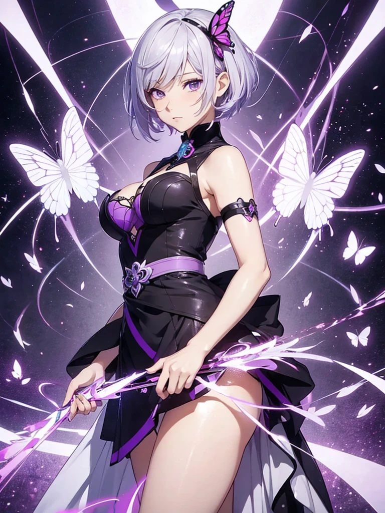 A detailed anime girl with short white hair and purple-gray eyes, holding a butterfly, anime wallpaper, high quality anime art style, anime character, HD anime wallpaper, anime key art, beautiful anime art, clean and detailed anime character art, similar style anime art to Genshin Impact