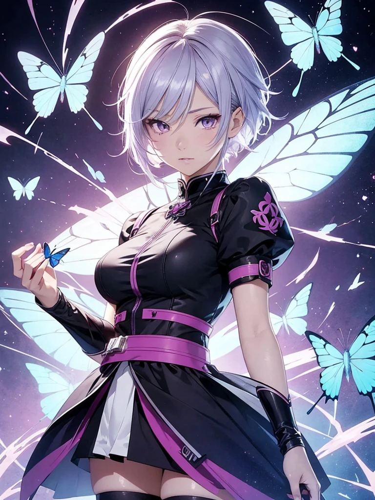 A detailed anime girl with short white hair and purple-gray eyes, holding a butterfly, anime wallpaper, high quality anime art style, anime character, HD anime wallpaper, anime key art, beautiful anime art, clean and detailed anime character art, similar style anime art to Genshin Impact