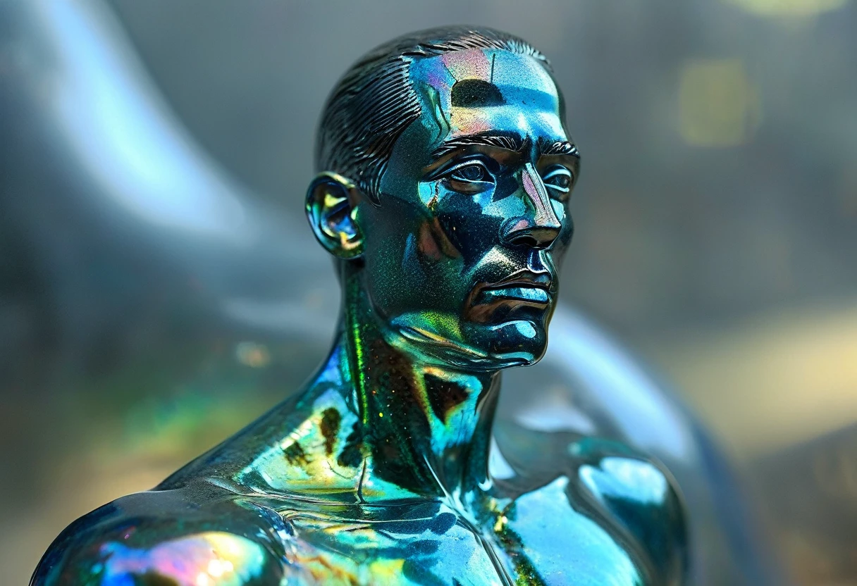 long shot, low angle view, SCULPTURE in shiny labradorite gemstone of a man with his entire body visible , iridescent appearance. break, realisitic, ((photorealisitic)), extremely detailded, glass reflection, dark shadows, hard light hard shadows, Shallow depth of field,highly detailded, high budget Hollywood movie, , ((tenebrosa )) , detailded, non-material focus