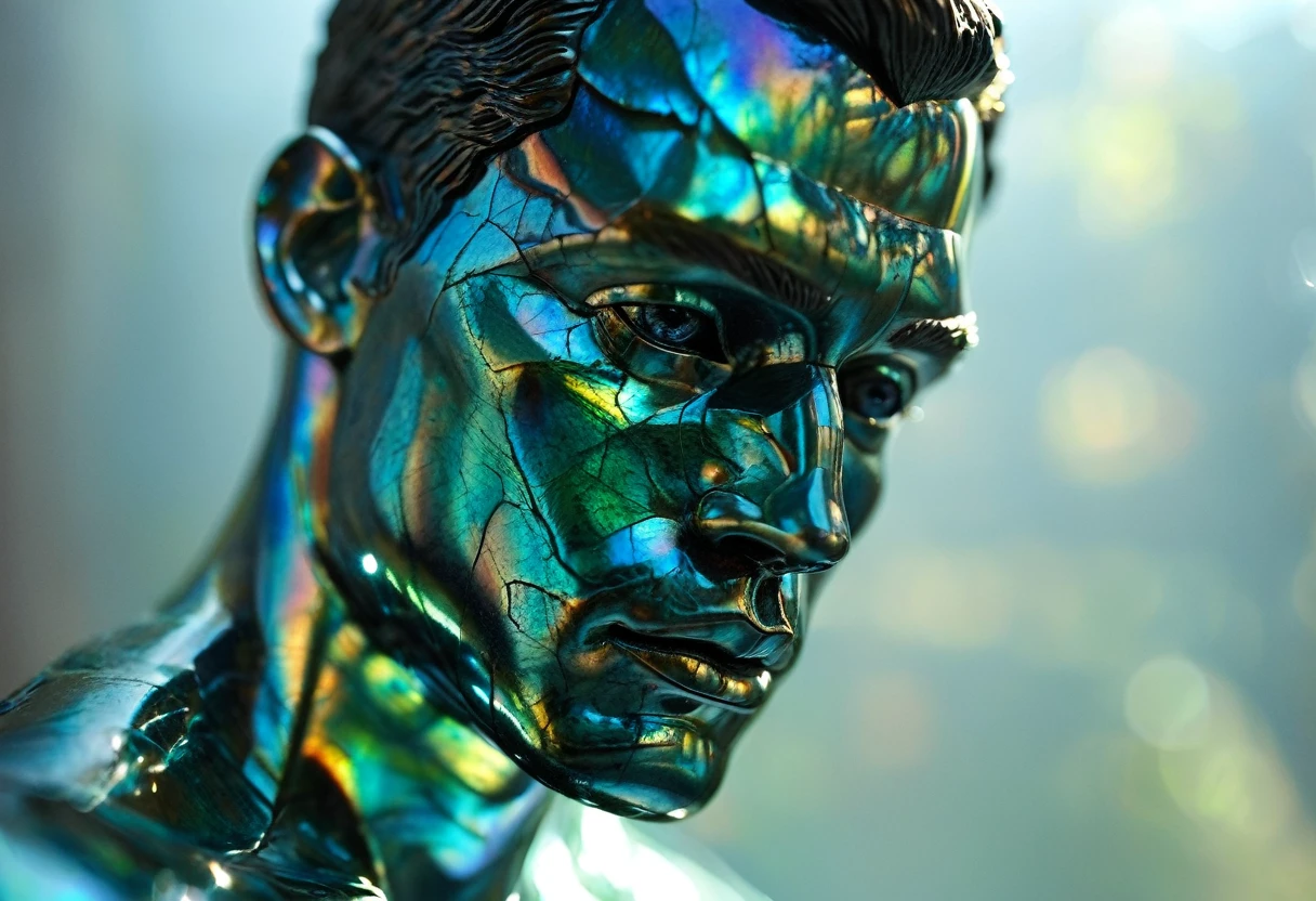 long shot, low angle view, SCULPTURE in shiny labradorite gemstone of a man with his entire body visible , iridescent appearance. break, realisitic, ((photorealisitic)), extremely detailded, glass reflection, dark shadows, hard light hard shadows, Shallow depth of field,highly detailded, high budget Hollywood movie, , ((tenebrosa )) , detailded, non-material focus