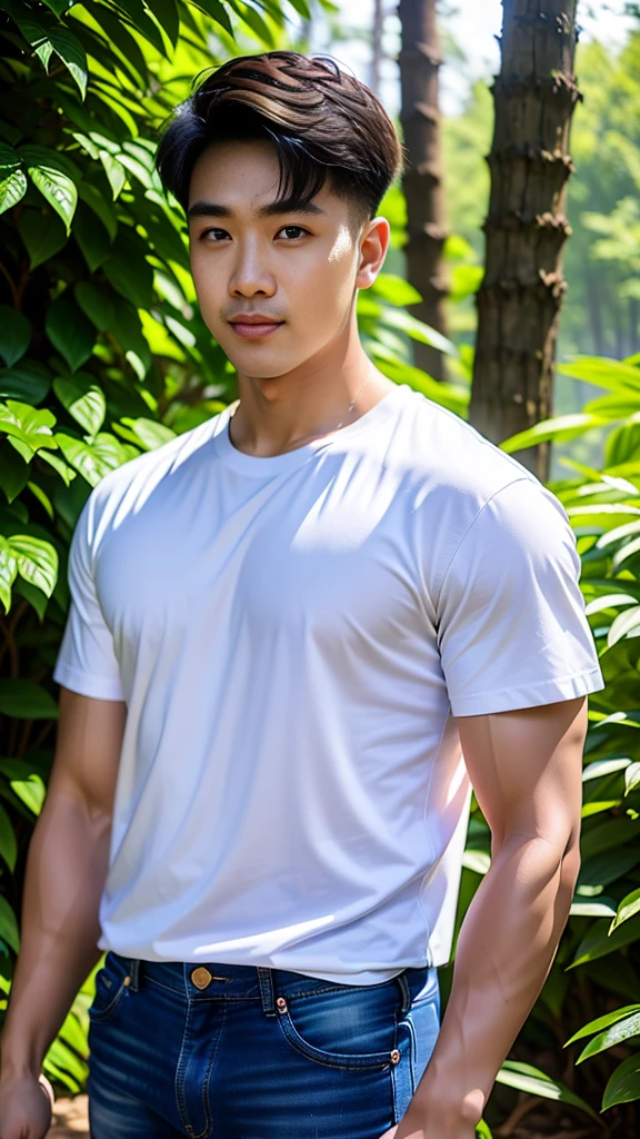 man , Raise your arms behind your back. , white t-shirt, black short hair , outdoor , cute smile , หน้าhandsomeแบบเกาหลีสมจริง , modest muscles , Masterpiece、High resolution、Surreal、detailed face、alone、man、Glowing skin、(Asia)、handsome、Detailed background