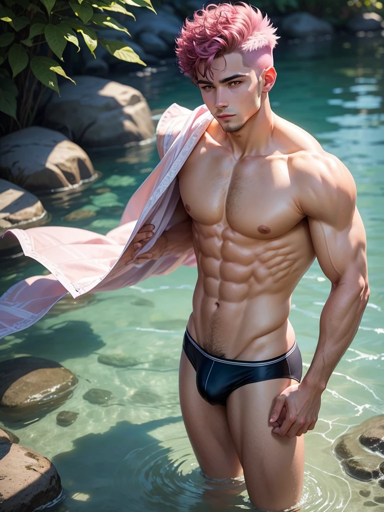 A 26-year-old handsome man stands at 5'9" with a slim yet muscular and athletic build, his curly and stylish pink taper cut hair, his pink iris gleaming in the warm light. He is shirtless, wearing fitted short sheer speedo shows a subtle pattern with well defined outline and stylish design. He is taking a dip in the sparkling crystal clear waters in a riverbank. The gentle sunbeam illuminate his body, creating a sense of relaxation and tranquility.