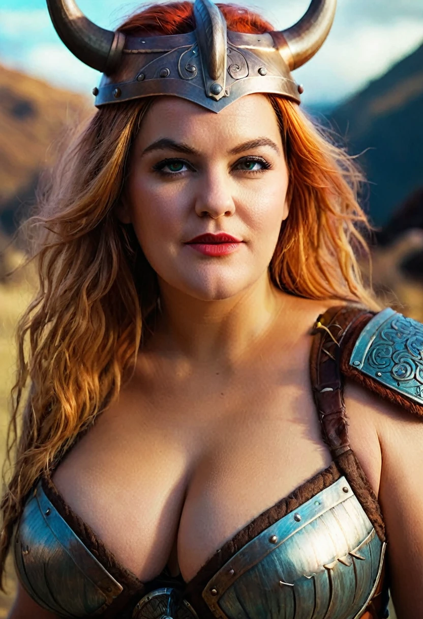 Looks like Drew Barrymore, A stunning intricate full color portrait of (sks woman:1) as (viking warrior), (barbarian), extremely seductive woman, busty outfit, perfect plus size Beauty, Barbarian warrior queen,  fluffy streax hair, styled hair, epic character composition, by ilya kuvshinov, alessio albi, nina masic, sharp focus, natural lighting, subsurface scattering, f2, 35mm, film grain, 