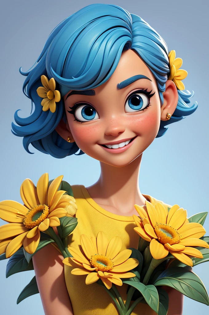 create an 3d illustration, model realistic, exuberant, woman sofisticaded, very short hair, luxury, realistic, vivid blue eyes, nitid, pixar style, stylish,smiling, happy face, yellow flower dress, short cropped blue vivid hair, look for the camera, white background, center photo