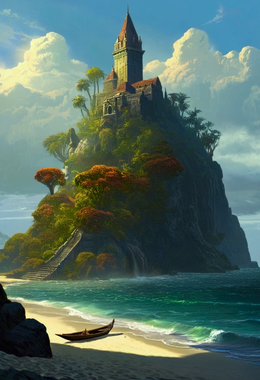 Mysterious Island, Mysterious atmosphere, exaggerate lighting, by Edward Gorey, no_human, cinematic still, (best quality, masterpiece), very aesthetic, perfect composition, intricate details, ultra-detailed, vivid colors