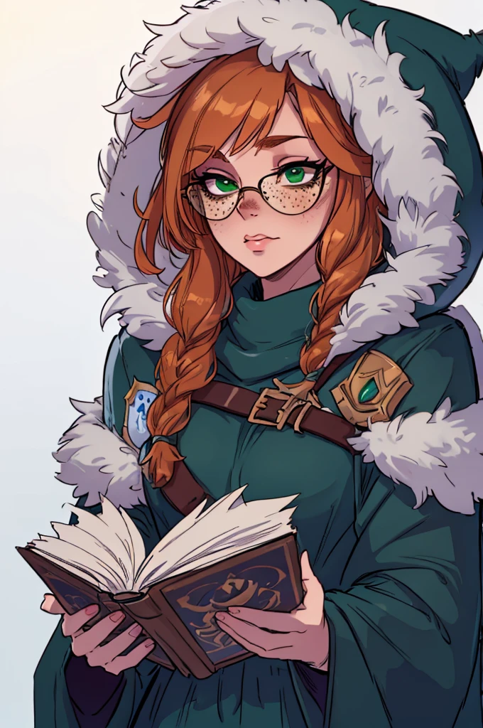 masterpiece, best quality, 1female, bunny ears, beautiful, aurora (league of legends), 1girl, freckles, bangs, braid, green cloak, fur trim, hood up, round eyewear, holding book, open book, bunny girl
