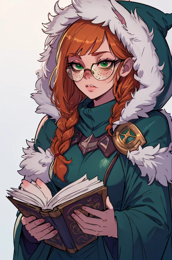 masterpiece, best quality, 1female, bunny ears, beautiful, aurora (league of legends), 1girl, freckles, bangs, braid, green cloak, fur trim, hood up, round eyewear, holding book, open book, bunny girl