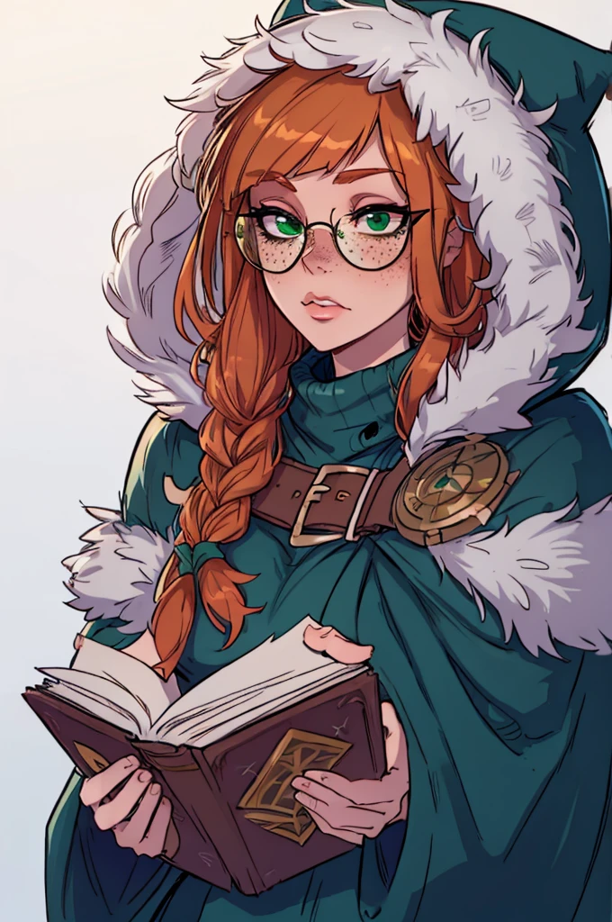 masterpiece, best quality, 1female, bunny ears, beautiful, aurora (league of legends), 1girl, freckles, bangs, braid, green cloak, fur trim, hood up, round eyewear, holding book, open book, bunny girl