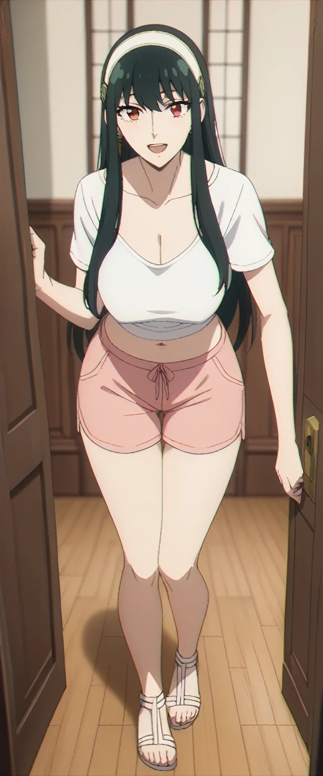 Yor Forger PonyXL, 1girl, black hair, red eyes, long hair, flowing hair, white headband, best quality, masterpiece, ultra-detailed, high quality, 1girl, mature female, beautiful, beautiful and perfect face, smile, open mouth, looking at viewer, white t-shirt, pink shorts, large breasts, nipple, navel, cleavage, large ass, curvy body, POV, close shot, from the front, standing, full body, in home, open the door, leaning forward
