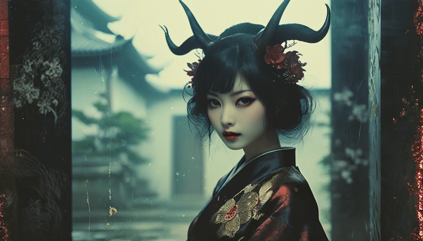 monster girl, solo, oni girl, horns, kimono, japanese temple, spirits, yokai, vampire teeth --ar 4:5 --s 250