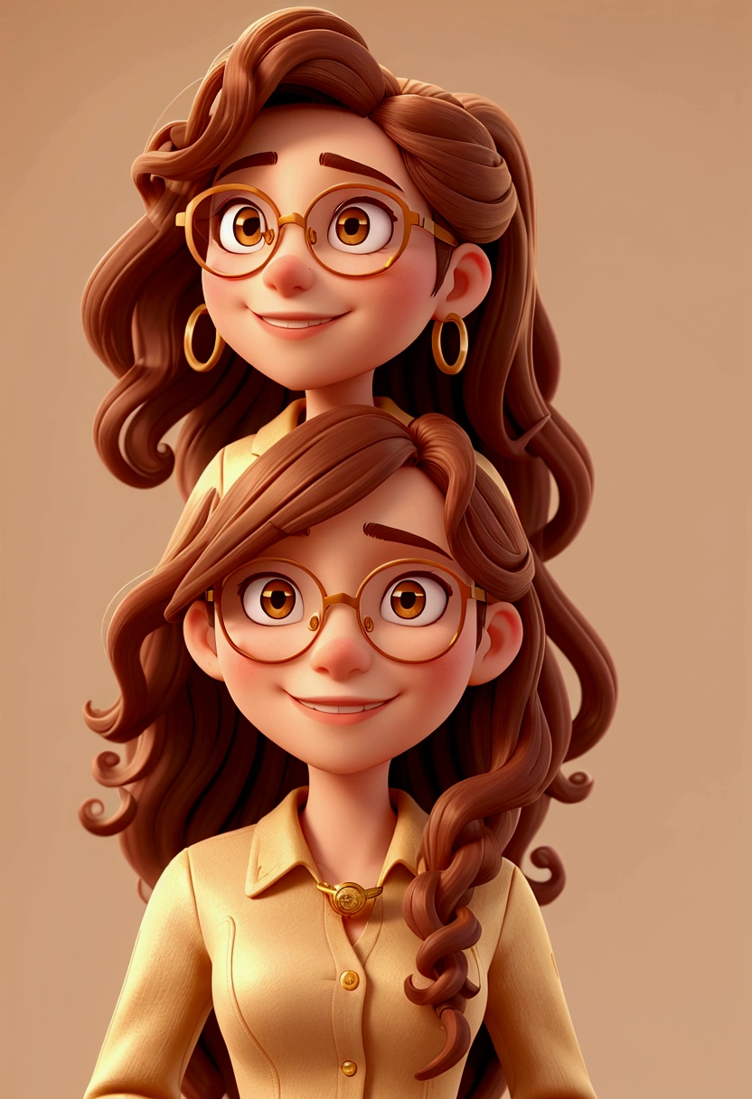 a woman with gold-colored prescription glasses, very long brown curly hair