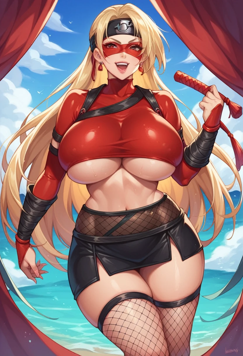 masterpiece, best quality, (1 girl), solo, wide hips, (huge breasts), slutty grin, mature girl, wide hips, ninja village, nighttime, detailed eyes, open mouth, ((wearing a slutty ninja outfit)), slutty, (very long hair), curvy, nice hips, kunoichi, ((ninja girl)), ninja outfit, midriff, short skirt, (fishnet), underboob, kunoichi skirt, blonde hair, fishnet bodycon, wide hips, voluptuous, mature, milf, wide hips, childbearing hips,