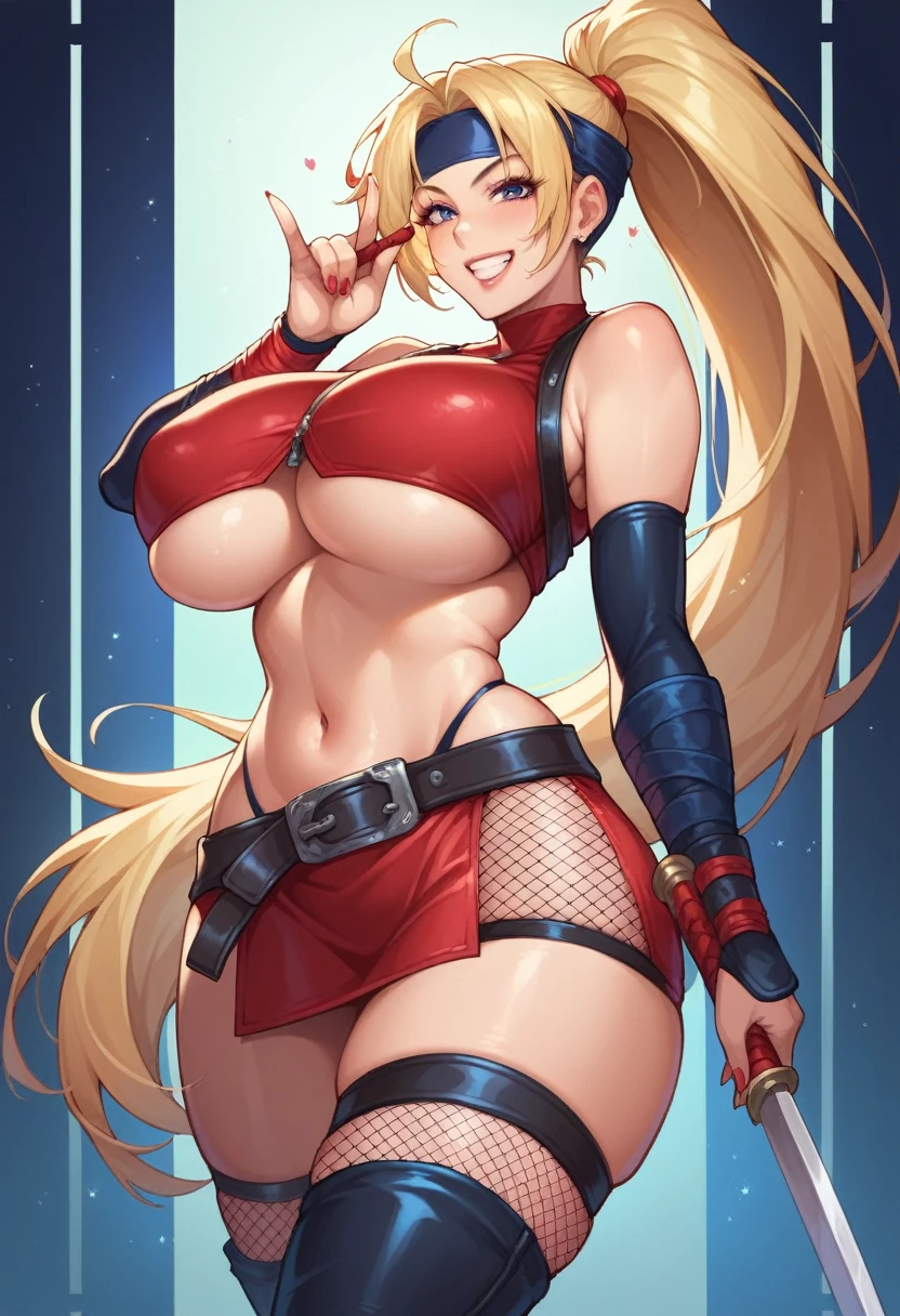 masterpiece, best quality, (1 girl), solo, wide hips, (huge breasts), slutty grin, mature girl, wide hips, ninja village, nighttime, detailed eyes, open mouth, ((wearing a slutty ninja outfit)), slutty, (very long hair), curvy, nice hips, kunoichi, ((ninja girl)), ninja outfit, midriff, short skirt, (fishnet), underboob, kunoichi skirt, blonde hair, fishnet bodycon, wide hips, voluptuous, mature, milf, wide hips, bearing hips,