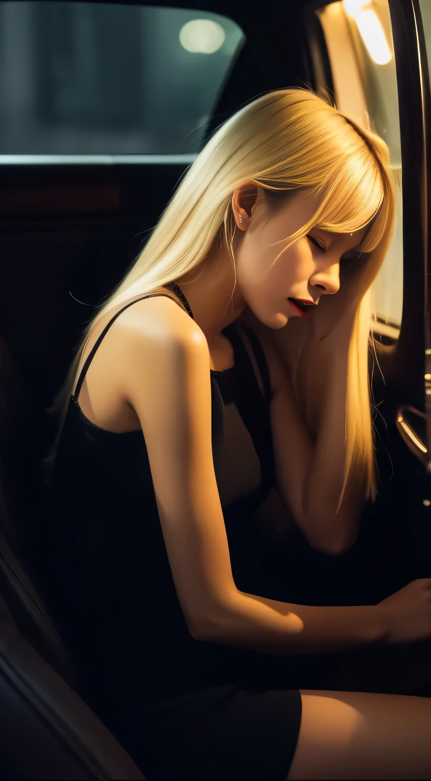 night, Dark night image, Like a scene from a movie, Sad and crying blonde beautiful woman, Sitting with head down, night,Sitting in the back seat of a dark taxi, looking down and crying, Looking down and crying sadly, Wearing a sleeveless cotton dress, Bust Shot
