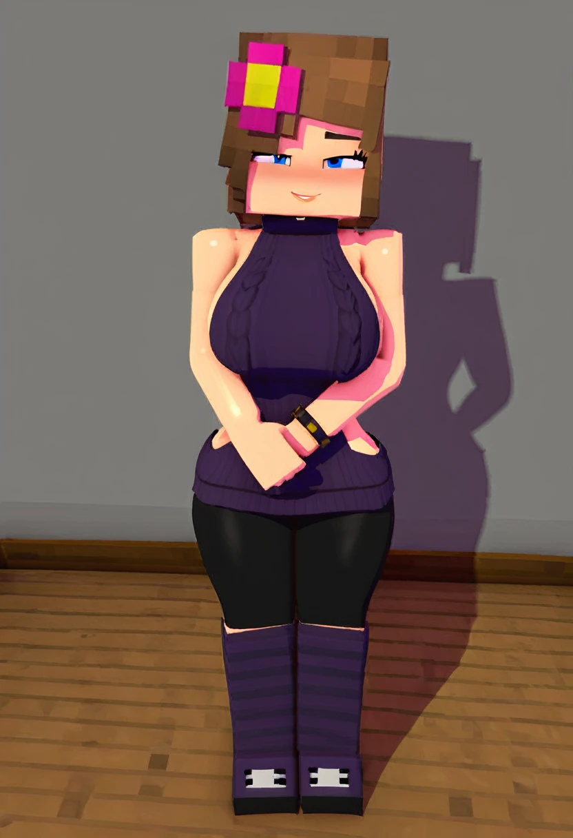 (8k, RAW photos, top quality, masterpiece: 1.2), (High Quality), ray tracing, HDR, (High Details), (Face detail), (Shadow Detail), 1girl, solo, Jenny belle, 3d, 3d render, minecraft woman, large breasts, virgin killer sweater, blue eyes, cuckold male, cuckold male masturbating,