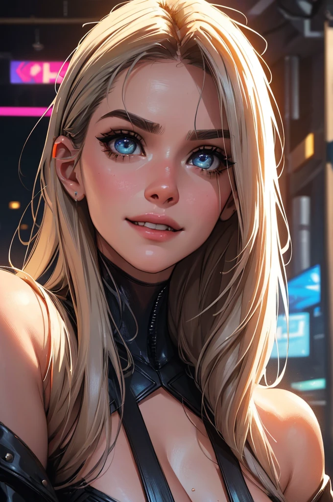 cyberpunk, a girl with a perfect face, beautiful detailed eyes, beautiful detailed lips, extremely detailed facial features, longeyelashes, straight beauty, restauranteur, smiling, based on alexandra daddario, owner of a restaurant, portrait, closeup, wall background, best quality,4k,8k,highres,masterpiece:1.2,ultra-detailed,realistic,photorealistic,photo-realistic:1.37,HDR,UHD,studio lighting,ultra-fine painting,sharp focus,physically-based rendering,extreme detail description,professional