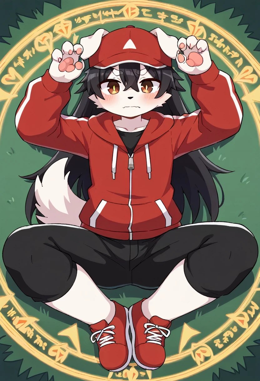masterpiece, best quality, expressive eyes, perfect face, a man get transformed into a furry akita dog, furry akita, white fur, akita tail, dog ears, solo, surpriced, blushed, black hair, long hair, red baseball cap, black shirt, red hoodie, black sports pants, red sport shoes, brown eyes, full body, in a magic forest, glitter, embarrassed pose, magic circle on the floor.
