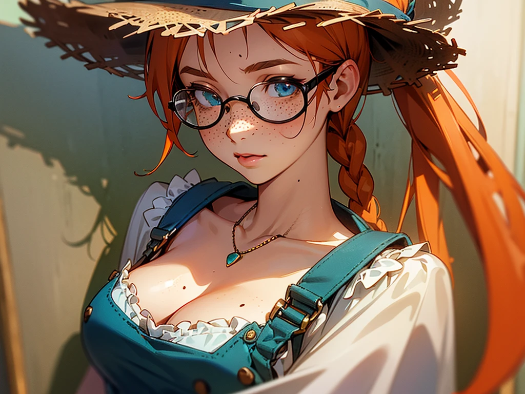  (titfuck, cum on tits, dick between tits), 1girl 1boy, masterpiece, farm woman, female, solo, blue eyes, cleavage, straw hat, long twin braids, (orange hair), bronze round glasses, small thin silver necklace with a turquoise stone, sexy expression, ((freckled skin, lots of freckles on breasts)), (large freckled breasts), ((small scars on body, acne scarred skin)) ,detailed, dirty