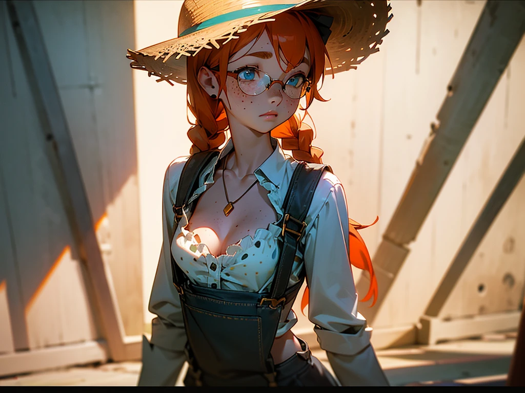 (8k, RAW photos, top quality, masterpiece: 1.2), (High Quality), ray tracing, HDR, (High Details), (Face detail), (Shadow Detail), 3d, 3d render, vtuber, solo, human, farm girl, female, solo, blue eyes, cleavage, straw hat, long twin braids, orange hair, bronze round glasses, small thin silver necklace with a turquoise stone, overalls, suspenders, yellow frilly shirt, ((freckled skin, lots of freckles on breasts)), large breasts, ((small scars on body, acne scarred skin))Character Sheet Full-Length, 