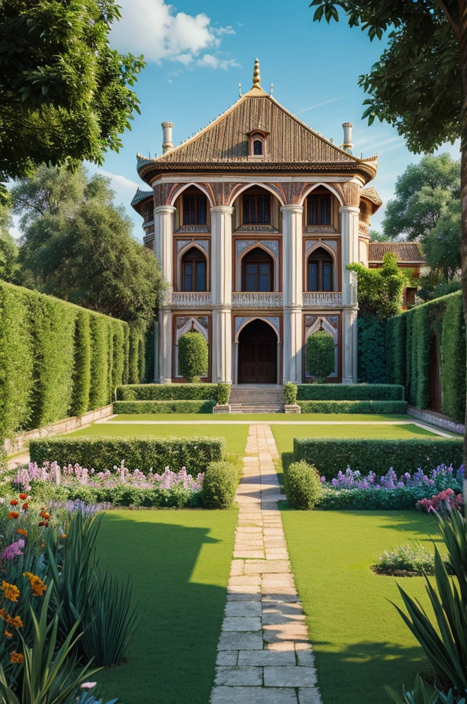 Landscape image of animated palace with garden