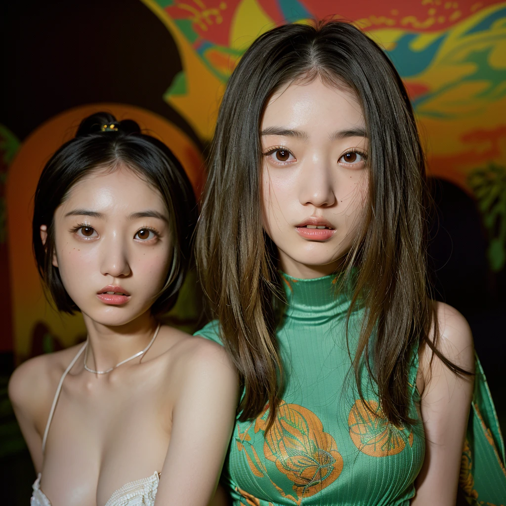 Identical twin sisters、(Highly detailed body、Highly detailed face、Highest quality:1.2)、woman、Looking at the audience、(Psychedelic skin-tight clothing、White Afro、Campanella on Wednesday)、(Psychedelic on the background:1.4)