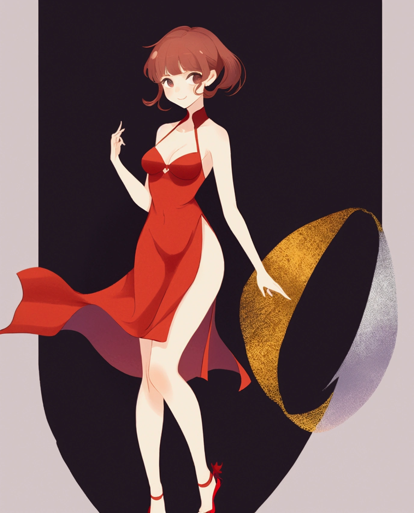 Height: 158, yo'I'm redhead, 小柄, shoulder length wavy hair with bangs, small ass and breasts, but yo have an ass, yo am skinny, wearing a 小柄 red dress , very sexy, Grinning, White background,