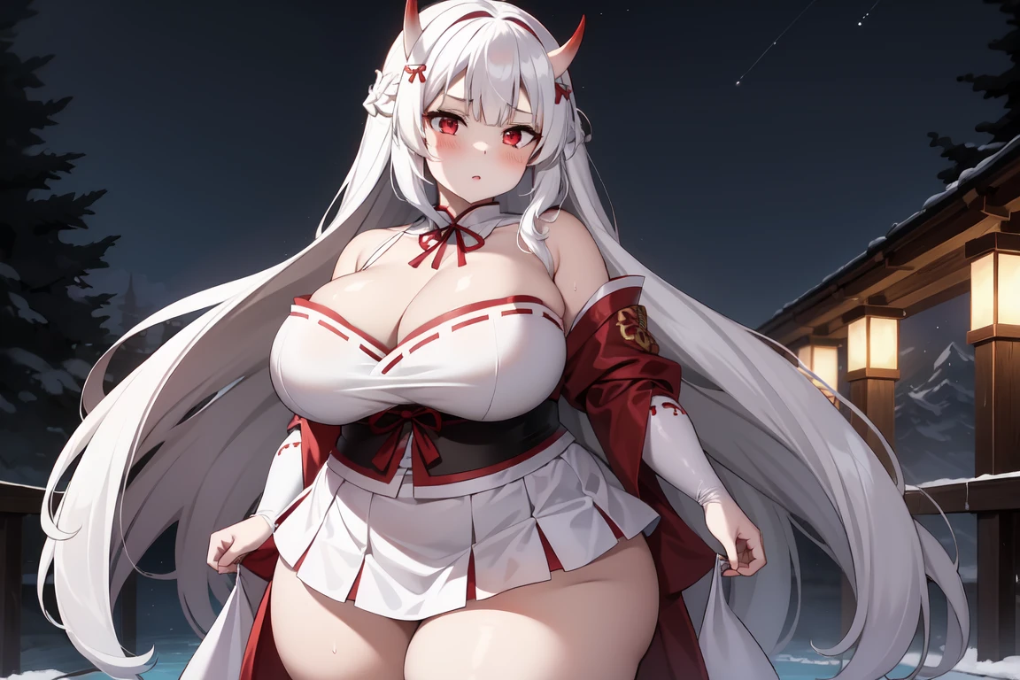 1girl, white hairs, red eyes, skimpy white-red kimono, long hair, massive breasts, mature, lake, night, cleavage, Oni, armored skirt, oni horns