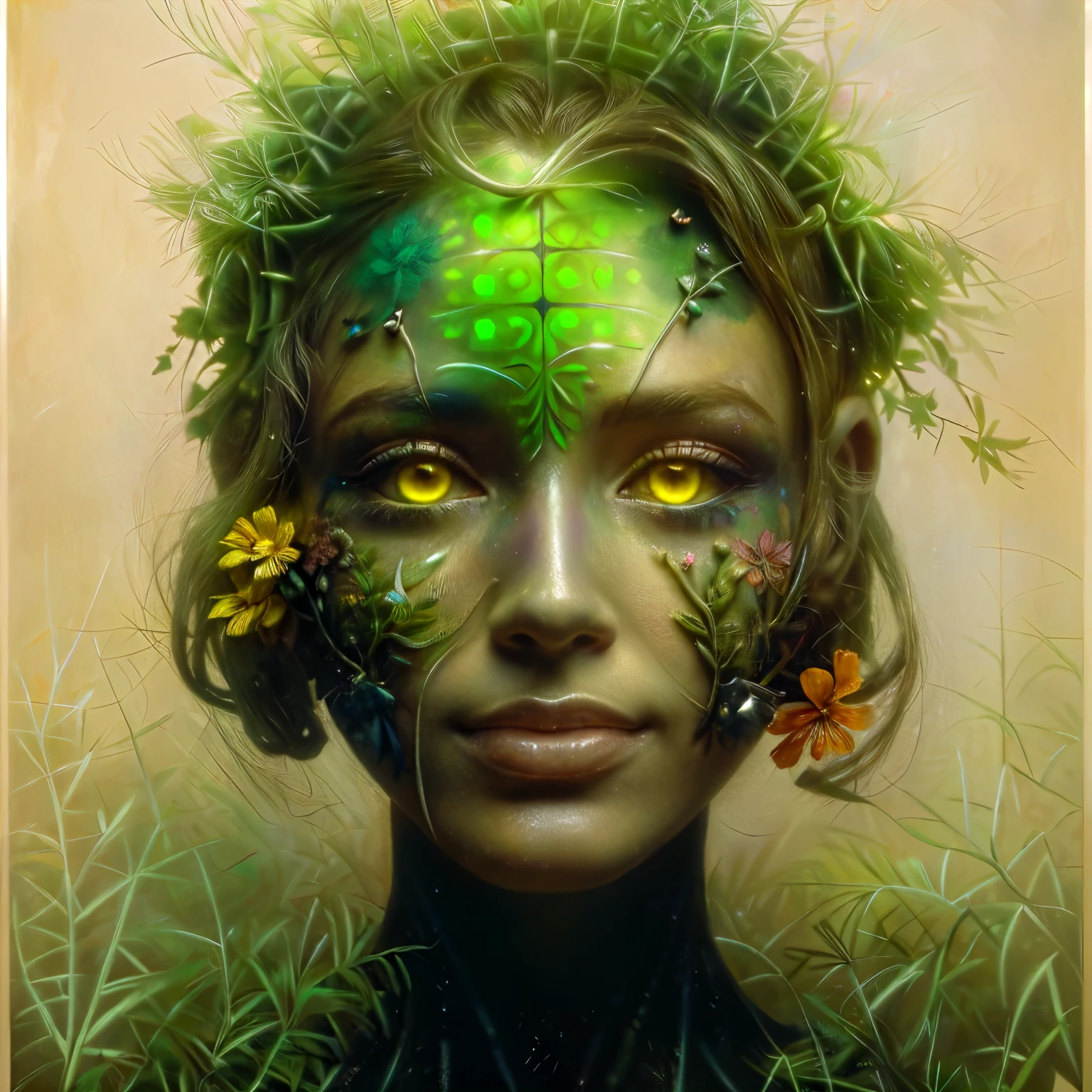 painting of a woman with flowers in her head, humanoid flora, mechanical vegetal cyborg, flowers grow from the body, flowers growing out of its head, psychedelic organic cyborg, wrapped in flowers and wired, flower head, humanoids overgrown with flowers, the platonic ideal of flowers, flowers growing out of his body, shrubs and flowers.