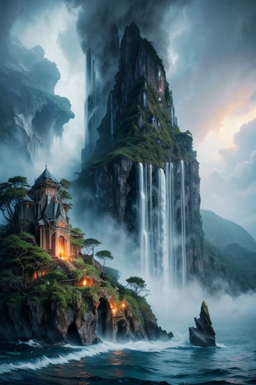 A mystical mysterious island in the middle of the ocean, one island in the ocean, Rain forest, mist, clouds surrounding the island, waterfalls falling down the sky, mysterious atmosphere, mystical, fantasy, digital art, intricate details, 8k, photorealistic, hyperrealistic, cinematic lighting, dramatic lighting, high quality, intricate details, masterpiece, digital art